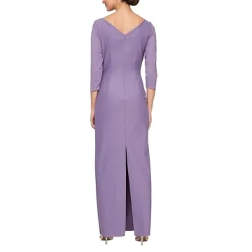 Alex Evenings Women's Slimming Long Length ¾ Sleeve Mother of The Bride Dress with Cascade Skirt and Side Ruching, ICY Orchid Ruffle