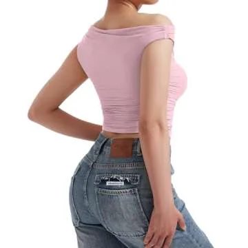 OMKAGI Women One Off Shoulder Y2K Tops Double Lined Slim Fit T Shirts Basic Tees(M,6-Baby Powder)