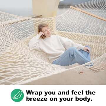 Gafete 12ft Double Hammocks, Handwoven Traditional Cotton Rope Hammock with Hardwood Spreader Bar, Chains and Hooks for Indoor Outdoor, Max 450 lbs Capacity (Beige, Full)