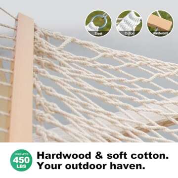 Gafete 12ft Double Hammocks, Handwoven Traditional Cotton Rope Hammock with Hardwood Spreader Bar, Chains and Hooks for Indoor Outdoor, Max 450 lbs Capacity (Beige, Full)