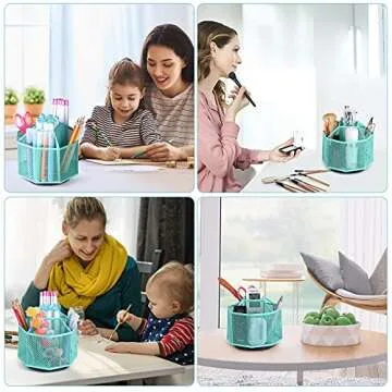 POPRUN Teal Desk Organizer, Desktop Supplies and Accessories Organization, Spinning Pen/Pencil Organizer cute, Rotating Art Supply Storage Box Caddy for Office, School, Classroom and Art Supply-Green