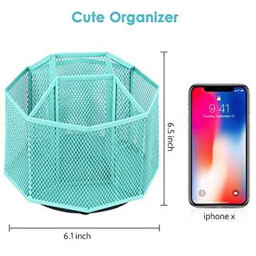 POPRUN Teal Desk Organizer, Desktop Supplies and Accessories Organization, Spinning Pen/Pencil Organizer cute, Rotating Art Supply Storage Box Caddy for Office, School, Classroom and Art Supply-Green