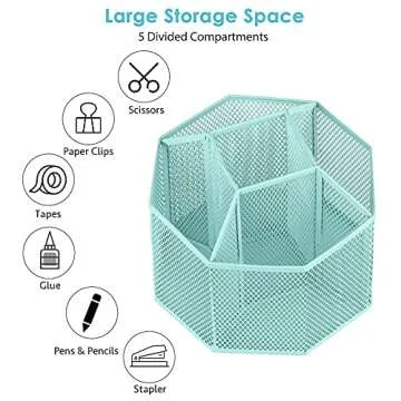 POPRUN Teal Desk Organizer, Desktop Supplies and Accessories Organization, Spinning Pen/Pencil Organizer cute, Rotating Art Supply Storage Box Caddy for Office, School, Classroom and Art Supply-Green