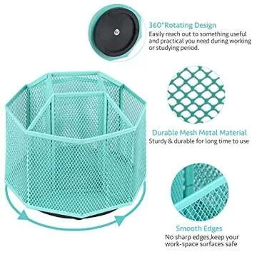 POPRUN Teal Desk Organizer, Desktop Supplies and Accessories Organization, Spinning Pen/Pencil Organizer cute, Rotating Art Supply Storage Box Caddy for Office, School, Classroom and Art Supply-Green