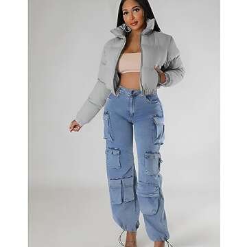 Angsuttc Women's Cropped Puffer Jacket – Stylish Winter Wear | Grey L