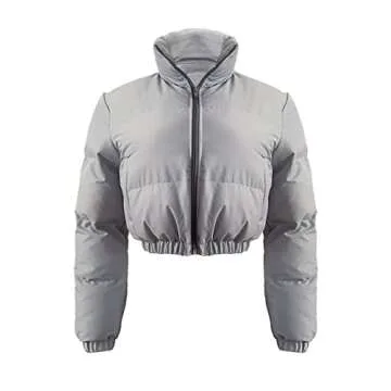 Angsuttc Women's Cropped Puffer Jacket – Stylish Winter Wear | Grey L