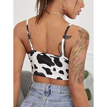 MakeMeChic Women's Cow Print Hanky Hem Cami Sleeveless Bandana Crop Top Black and White S
