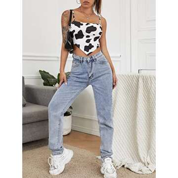 MakeMeChic Women's Cow Print Hanky Hem Cami Sleeveless Bandana Crop Top Black and White S