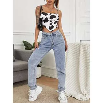 MakeMeChic Women's Cow Print Hanky Hem Cami Sleeveless Bandana Crop Top Black and White S