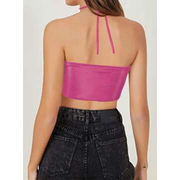 Women's Costume Pink Crop Checked Top Rave Festival Outfits Halter Tie Bra Bustier Top Sexy Pink Top...