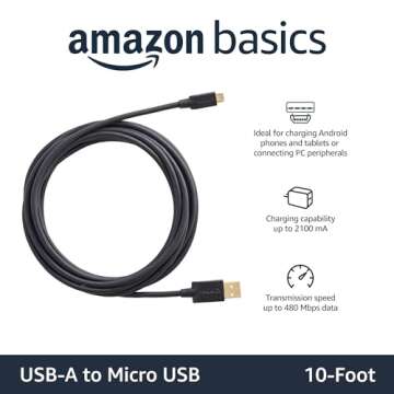 Amazon Basics 5-Pack USB-A to Micro USB Charging Cable, 480Mbps Transfer Speed with Gold-Plated Plug...