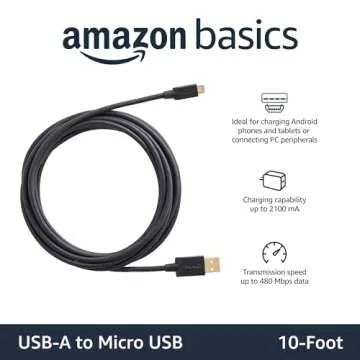 Amazon Basics 5-Pack USB-A to Micro USB Charging Cable, 480Mbps Transfer Speed with Gold-Plated Plug...