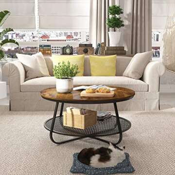 Teraves Round Coffee Table, 35.8" Industrial 2-Tier Circular Coffee Table for Living Room, Coffee Ta...