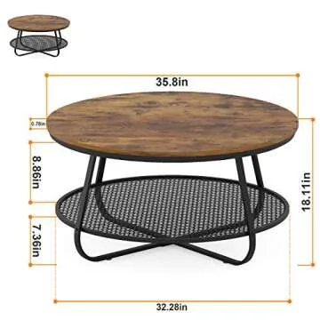 Teraves Round Coffee Table, 35.8" Industrial 2-Tier Circular Coffee Table for Living Room, Coffee Table Round with Open Storage, Modern Coffee Table Wood & Metal - Brown