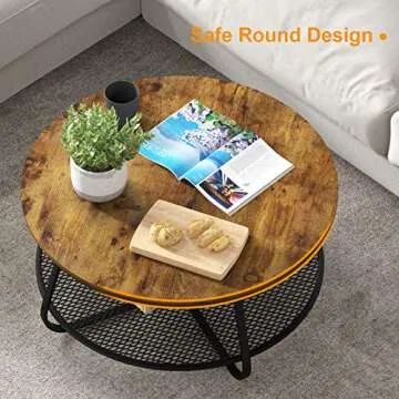 Teraves Round Coffee Table, 35.8" Industrial 2-Tier Circular Coffee Table for Living Room, Coffee Table Round with Open Storage, Modern Coffee Table Wood & Metal - Brown