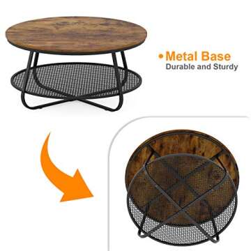 Teraves Round Coffee Table, 35.8" Industrial 2-Tier Circular Coffee Table for Living Room, Coffee Table Round with Open Storage, Modern Coffee Table Wood & Metal - Brown