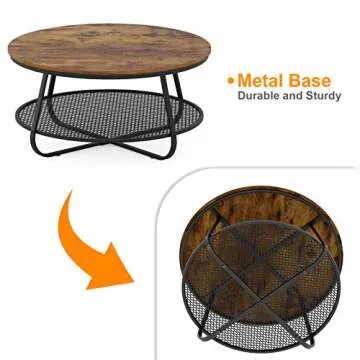 Teraves Round Coffee Table, 35.8" Industrial 2-Tier Circular Coffee Table for Living Room, Coffee Table Round with Open Storage, Modern Coffee Table Wood & Metal - Brown