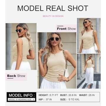 Dokotoo Womens Summer Tops 2025 Ribbed Side Ruched Racerback Tank Tops Summer Sleeveless Crew Neck Casual Slim Fitted Basic Knit Apricot Shirts Solid Color Corset Tops for Women Small