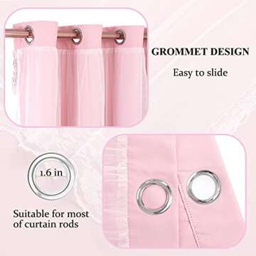 SOFJAGETQ Double Layered Blackout Pink Curtains - Princess Girls Curtains & Draperies Panels for Kids Bedroom Living Room Nursery Pink Lace Hem Room Darkening Curtains, 52x84 inches, 2 PCs