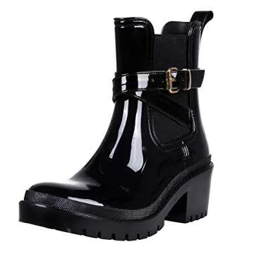 Smiry Women's Platform Rain Boots Chunky Heel Waterproof Adjustable-Strap Ankle Boots