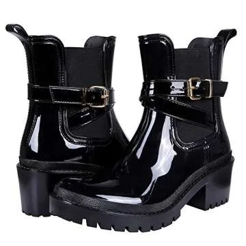 Smiry Women's Platform Rain Boots Chunky Heel Waterproof Adjustable-Strap Ankle Boots