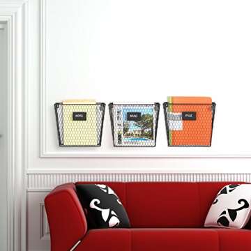 MyGift Wall Mounted Magazine Holder, Rustic Black Metal Wire Mail Holder and Document File Storage Organizer with Erasable Chalkboard Labels, Set of 3