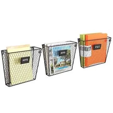 MyGift Wall Mounted Magazine Holder, Rustic Black Metal Wire Mail Holder and Document File Storage Organizer with Erasable Chalkboard Labels, Set of 3