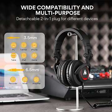MAONO 50MM Drivers Over Ear Studio Headphones, AU-MH501 Stereo Monitor Closed Back Headphones, Lightweight Foldable Design for Smartphone, Computer, Podcast, Mixer, Music, DJ