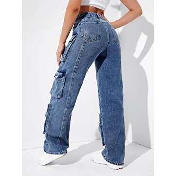 SweatyRocks Women's Casual High Waist Flap Pockets Cargo Jeans Baggy Straight Leg Denim Pants Machin...