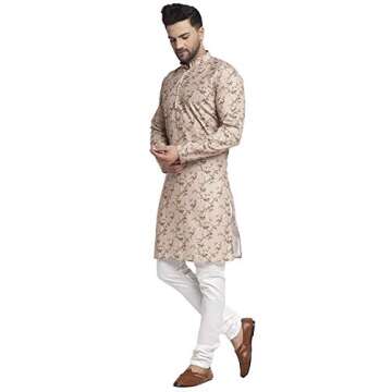 Men's Kurta Pajama Dupion Silk Indian Party Wear Traditional Dress Silk Ethnic Churidhar for Wedding (Beige, L)