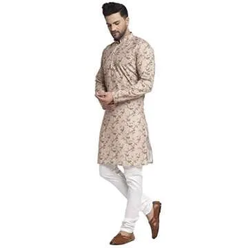 Men's Kurta Pajama Dupion Silk Indian Party Wear Traditional Dress Silk Ethnic Churidhar for Wedding (Beige, L)