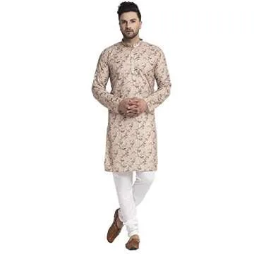 Men's Kurta Pajama Dupion Silk Indian Party Wear Traditional Dress Silk Ethnic Churidhar for Wedding (Beige, L)
