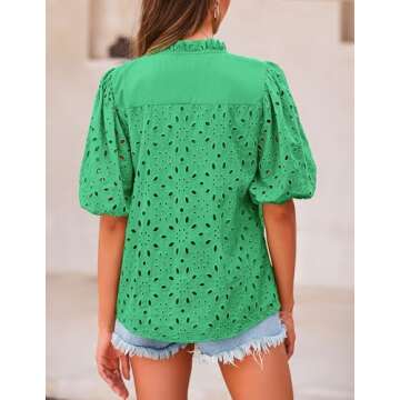 PRETTYGARDEN Women's Summer Tops Dressy Casual Short Lantern Sleeve V Neck Buttons Hollow Out Lace E...