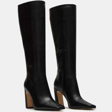 Lovee Cosee Black Leather Chunky Heel Knee High Boots for Women