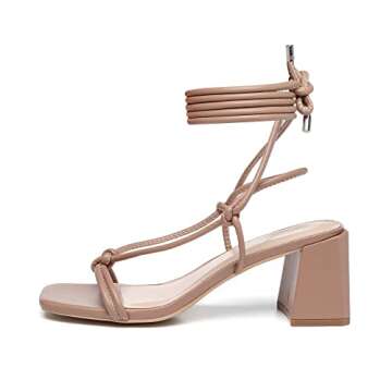 Athlefit Women's Chunky Strappy Sandals Lace Up Square Open Toe Ankle Wrap Nude Heels Size 10