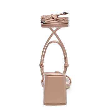 Athlefit Women's Chunky Strappy Sandals Lace Up Square Open Toe Ankle Wrap Nude Heels Size 10