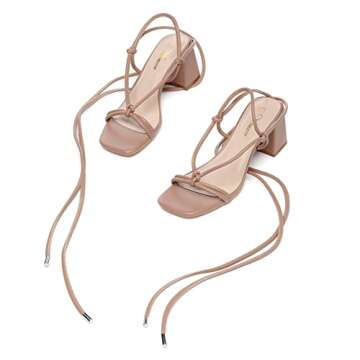Athlefit Women's Chunky Strappy Sandals Lace Up Square Open Toe Ankle Wrap Nude Heels Size 10