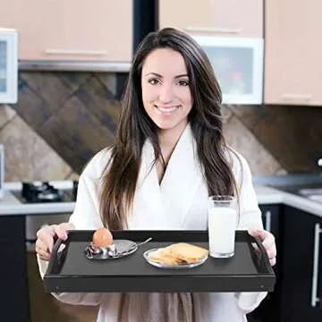 Bed Tray Table with Folding Legs Kitchen Breakfast Food Tray Platters Serving Tray Foldable TV Table Laptop Computer Desk Snack Tray(Black Large)