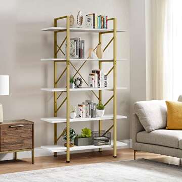 YITAHOME 5 Tier Gold Bookshelf, 70.9" Tall Modern Wide Bookcase, Open Storage Rack Shelves in Living...