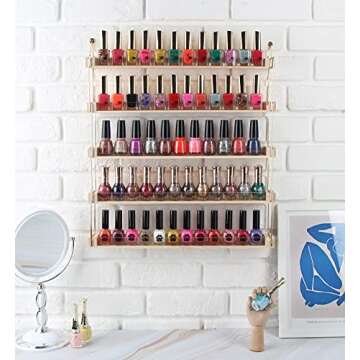 J JACKCUBE DESIGN Wall Mount Gold Metal and Wood Nail Polish Display Shelves Rack Organizer Holds 60 Bottles (5 Tier) - MK543A