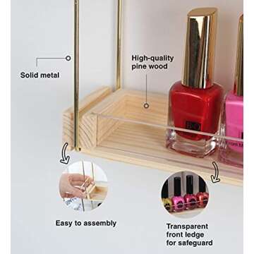 J JACKCUBE DESIGN Wall Mount Gold Metal and Wood Nail Polish Display Shelves Rack Organizer Holds 60 Bottles (5 Tier) - MK543A