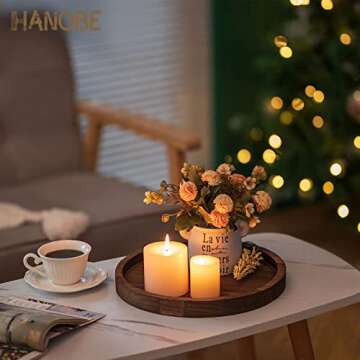 Hanobe Round Wood Candle Tray: Rustic Wooden Candle Holder Distressed Pillar Stand Farmhouse Tea Light Plate Base for Living Room Coffee Table Centerpiece for Kitchen Counter Bathroom Home Decor,11.8"