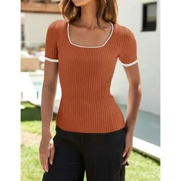ZESICA Women's Short Sleeve Square Neck Color Block T Shirt - Summer Fashion Staple in Rust