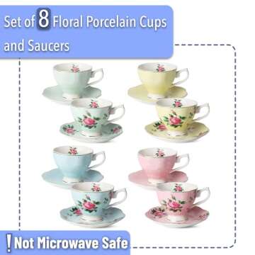 BTaT- Floral Tea Cups and Saucers, Set of 8 (8 oz), Multi-Color with Gold Trim, Coffee Cups, Floral ...