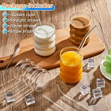 Stylish Ribbed Glass Set with Straws - 4 Pcs