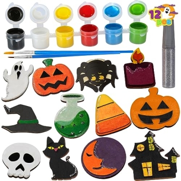 JOYIN 12 Pcs Halloween Craft Kid Wooden Magnet Creativity Arts & Crafts Painting Kit, DIY Halloween ...