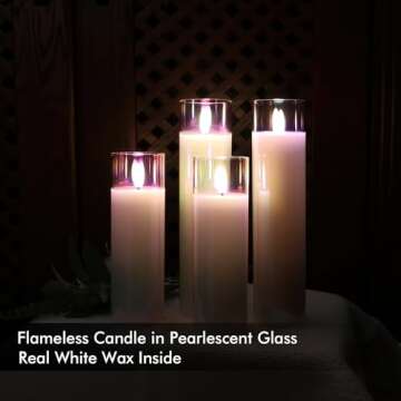 Rhytsing Glass Battery Operated LED Candles, White Slim Flameless Candles with Remote, Warm White Light, 8 Batteries Included - D 2‘’ - Set of 4 (Pearlescent)
