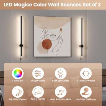 HOAWYEAH 42" Wall Sconces Set of Two, Dimmable Wall Mounted Lamp with 3 Lighting & RGB & Ambiance Mo...