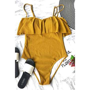 CUPSHE Women's Yellow Falbala with Lining Padding One Piece Swimsuits Beach Bathing Suit (L,Yellow Falbala)