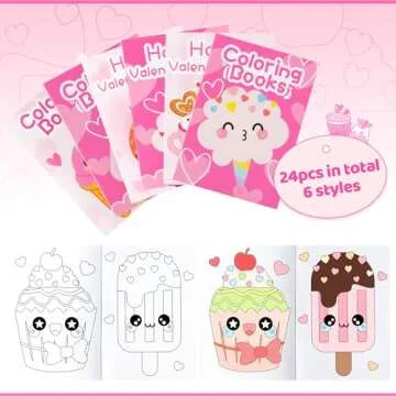 ANGOLIO Valentine' s Day Coloring Books for Kids 24Pcs Bulk Valentine's Sweet Dessert Activity Books DIY Mini Art Drawing Paper for Cupcake Doughnut Coloring Booklet for Classroom Party Favor Gifts